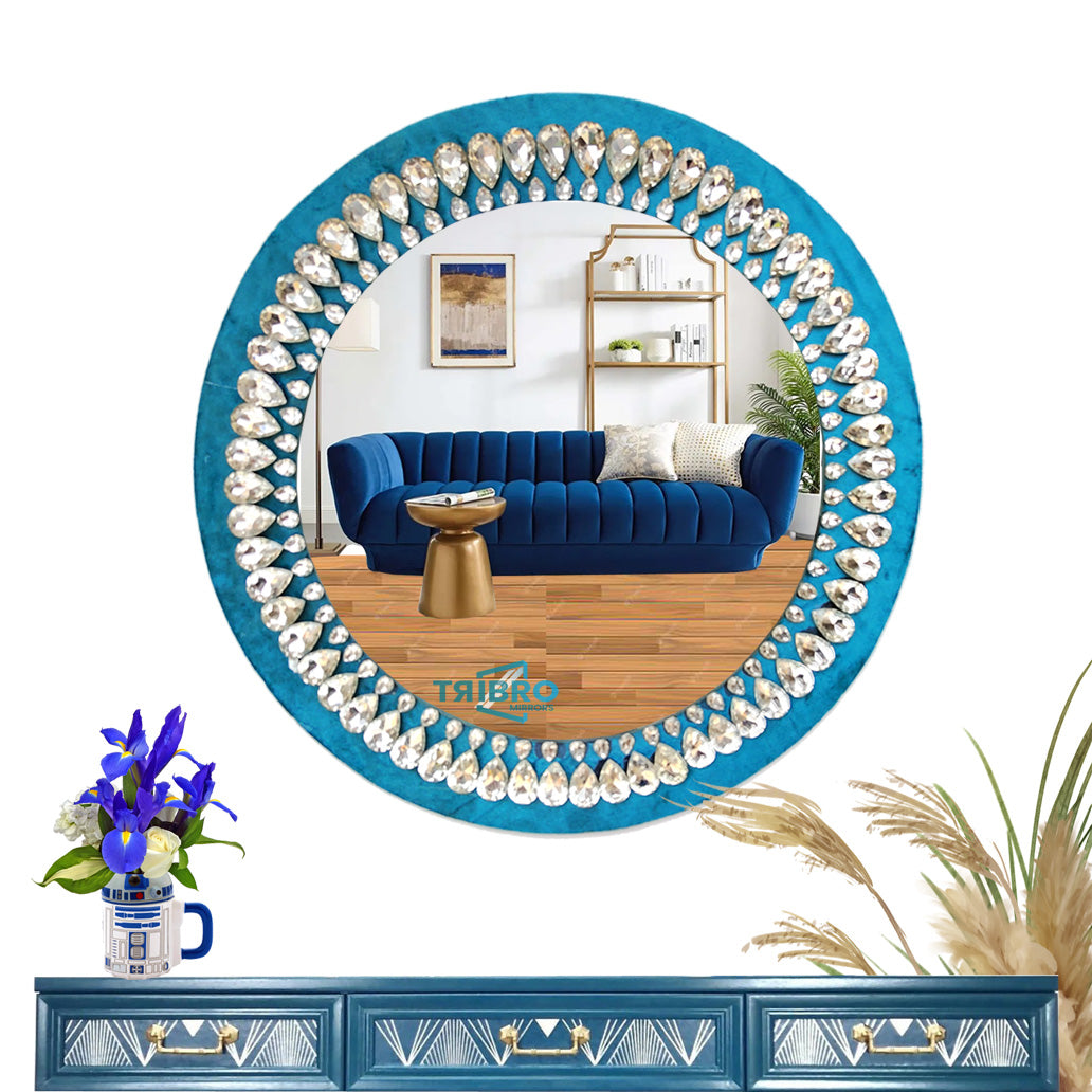 TriBro Round Shape Attractive Handmade Wall Mirror with Blue and Silver color