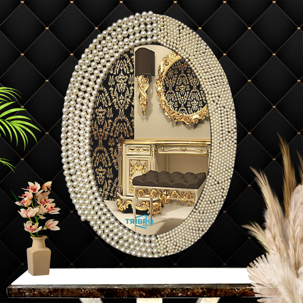 Tribro Oval Shape Luxury Handmade Wall Mirror in white big and small Beads