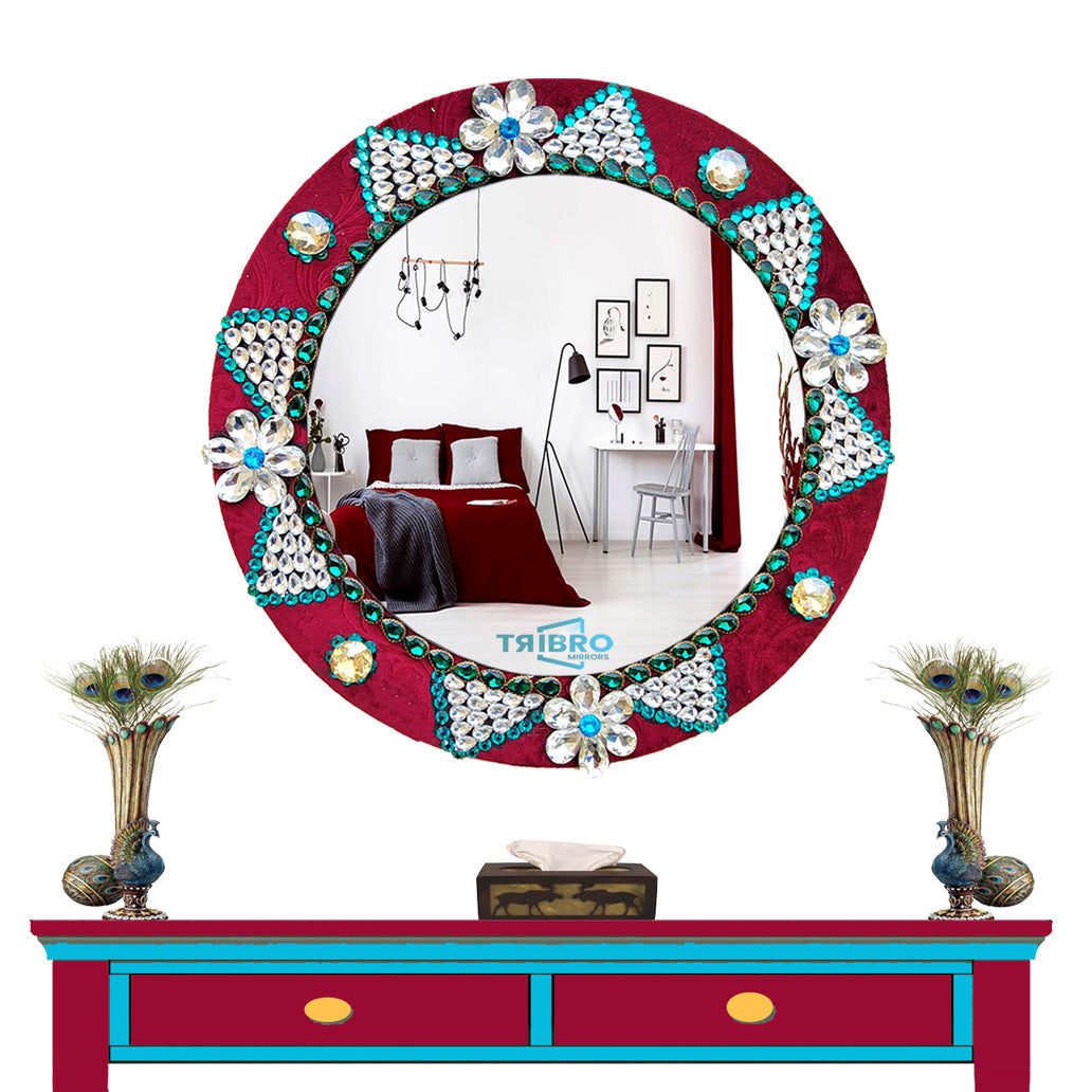 TriBro Round Shape Attractive Handmade Wall Mirror with Red, Silver and Green Color