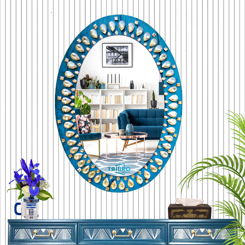 TriBro Oval Shape LuXury Handmade Wall Mirror with Blue and Gold color