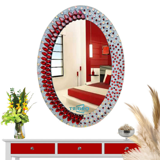 TriBro Oval Shaped artisans Decorative Handmade wall Mirror in Grey and Red