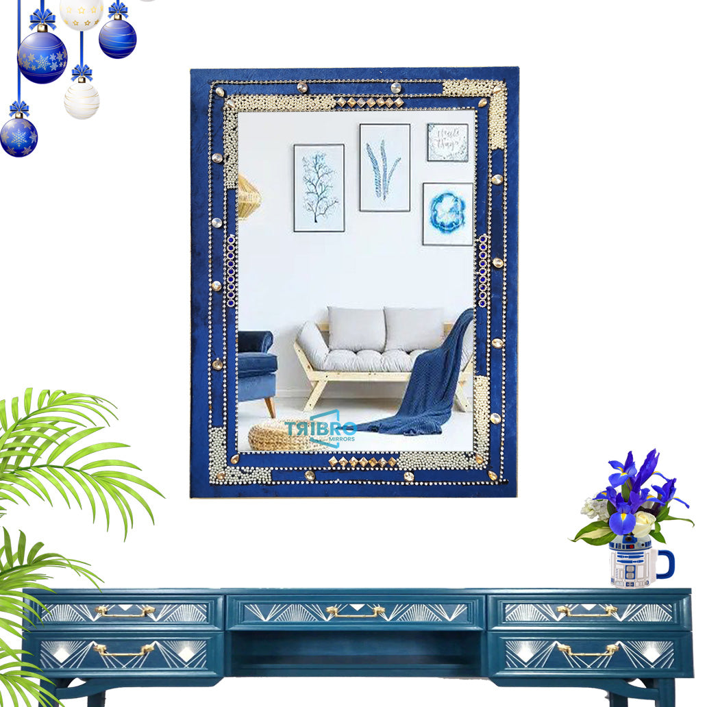 TriBro Rectangle Shape New Look Handmade Wall Mirror with Blue, White, and Gold Color