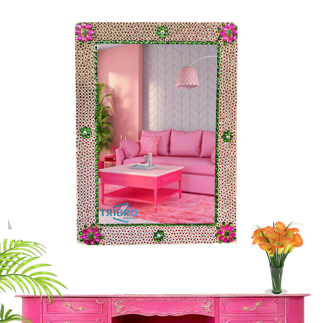 Tribro Rectangle Shape Handmade Wall mirror in artistic Design with  Pink and green beads