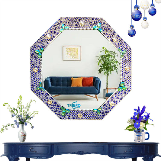 TriBro Octagon Shape Handmade Wall Mirror with Blue ,Gold,and Green Color