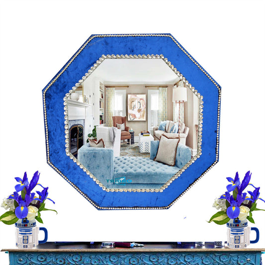 TriBro Octagon Look Handmade Wall Mirror with Blue and Silver color