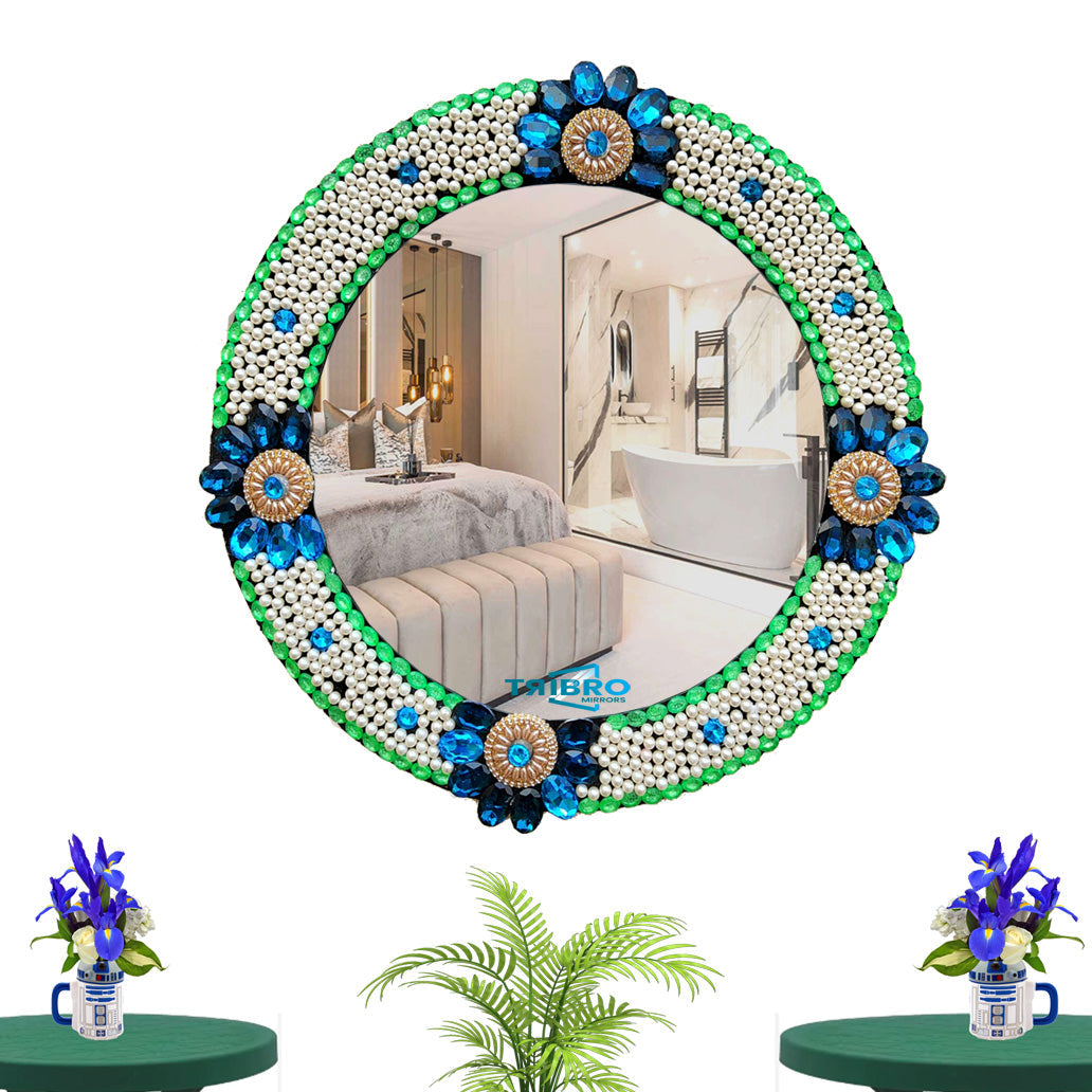 TriBro Round Shape Meticulously Handmade Wall Mirror with Green white and blue color