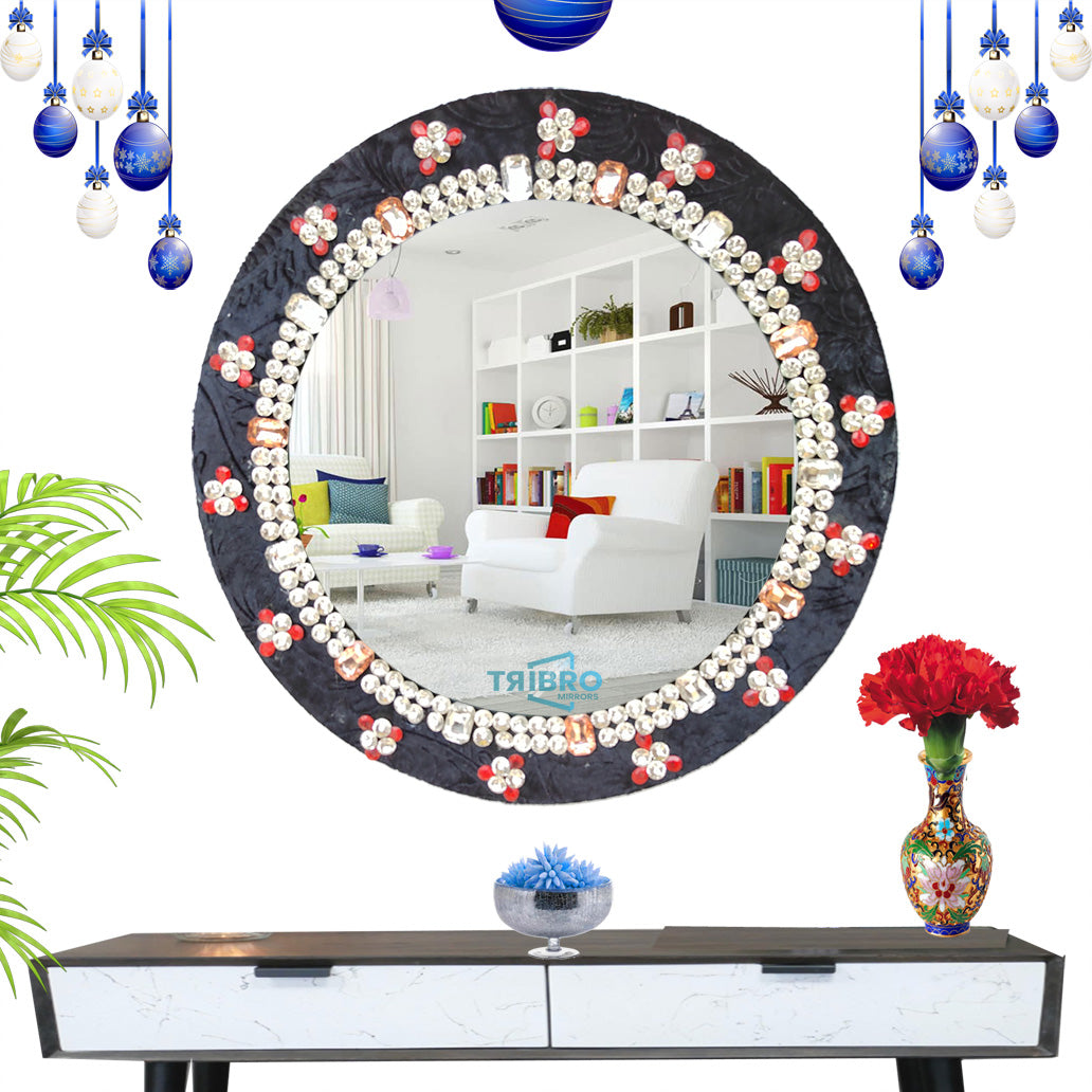 TriBro Round Shape Handmade Mirror in Beautiful Black and Silver color